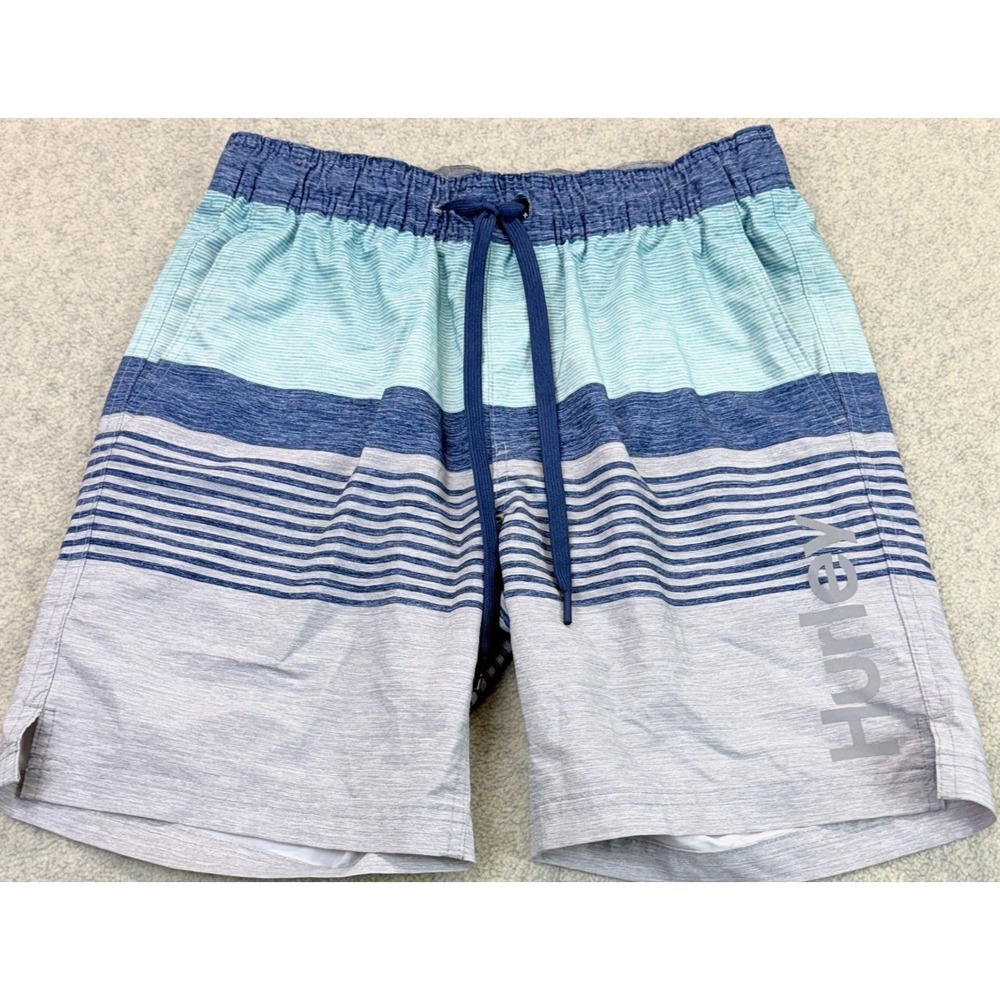 Hurley Mens Ombre Volley Swim Shorts Gray Blue Striped Summer Pool Board Surf M